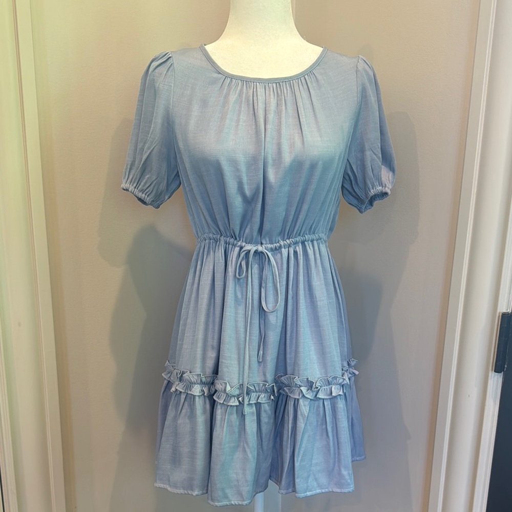 NWT Le Lis Light Blue Ruffle Dress Size S Drawstring Waist Mini Short Sleeves